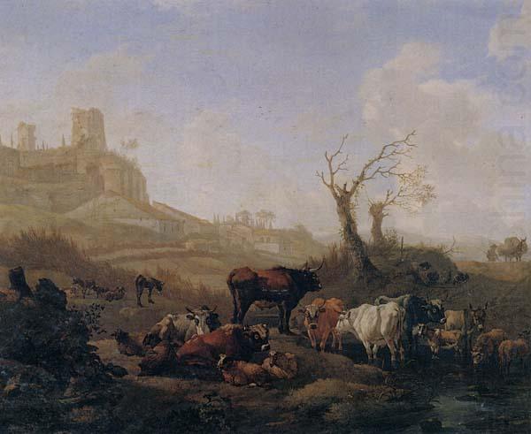 William Romeyn Cattle and sheep by a stream in a pasture,a town beyond china oil painting image